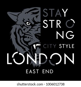 Tiger t-shirt print design. London city typography. Tee graphics. Vector illustration