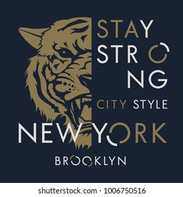 Tiger t-shirt print design. New York City typography. Tee graphics. Vector illustration