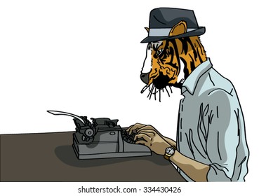 Tiger Typewriter with Human Body Illustration.