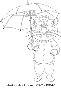 Tigre con un paraguas. Ilustración vectorial de un símbolo de la caricatura del libro de colorear tigre 2022.