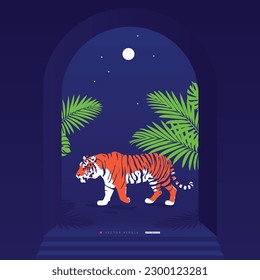 Tiger under the moon night aesthetic print poster. Stylish vector design background.