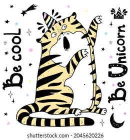 Tiger Unicorn  with hand drawn lettering. Wild cat magic Vector illustration design for t shirts, bags,  posters, prints, cards. New year 2022 symbol