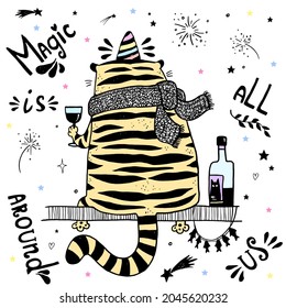 Tiger Unicorn  with hand drawn lettering. Wild cat magic Vector illustration design for t shirts, bags,  posters, prints, cards. New year 2022 symbol