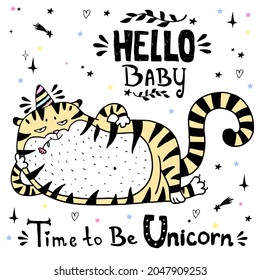 Tiger Unicorn  with hand drawn lettering. Wild cat magic Vector illustration design for t shirts, bags,  posters, prints, cards. New year 2022 symbol