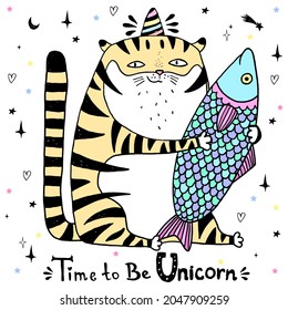 Tiger Unicorn  with hand drawn lettering. Wild cat magic Vector illustration design for t shirts, bags,  posters, prints, cards. New year 2022 symbol