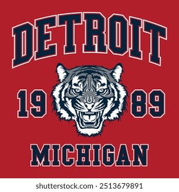 Tiger varsity print, ilustração de impressão vetorial atlética de Detroit Michigan