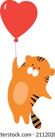 Tiger vector art. Flat drawing of a tiger with a heart. Cute tiger cub is flying on a balloon
