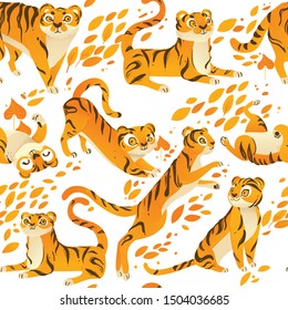 Tiger vector autumn pattern isolated. Yellow and orange leaf and set illustration of cute tigers