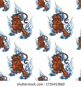 tiger vector with cloud smoke seamless pattern design for illustration with isolate background