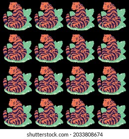 Tiger vector cute pattern isolated with leaves