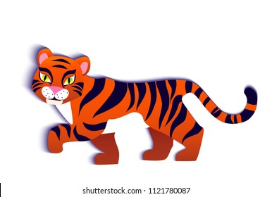 tiger, vector flat illustration with shadow on white background, isolated