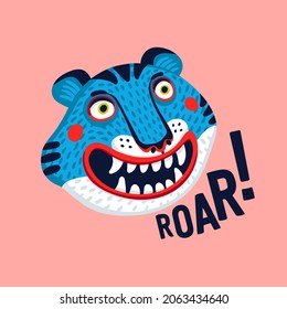 Cabeza vectorial del tigre en azul, cara graciosa del tigre de caricatura y texto ruidoso. Ilustración vectorial de estilo plano orgánico