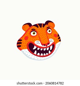 Tiger vector head, cartoon tiger funny face on white background. Organic flat style vector illustration