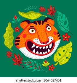 Cabeza vectorial del tigre, cara graciosa del tigre de caricatura en flores tropicales y hojas de marco corredizo. Ilustración vectorial de estilo plano orgánico.