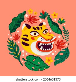 Cabeza vectorial del tigre, cara graciosa del tigre de caricatura en flores tropicales y hojas de marco corredizo. Ilustración vectorial de estilo plano orgánico.