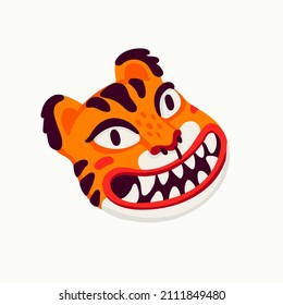 Tiger vector head, cartoon tiger funny face on white background.