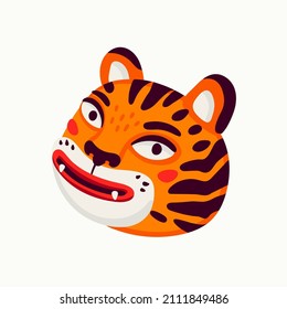Tiger vector head, cartoon tiger funny face on white background.
