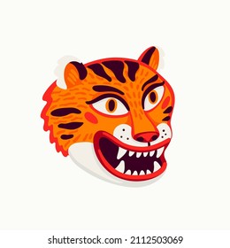 Tiger vector head, cartoon tiger funny face on white background.