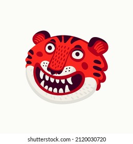 Tiger vector head, cartoon tiger funny face on white background.