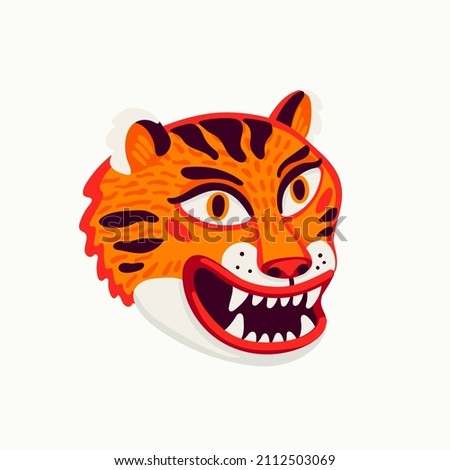 Tiger vector head, cartoon tiger funny face on white background.