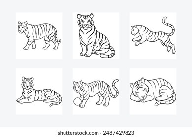 Tiger  vector illustration bundle. Tiger Walking, sitting, laying down, sleeping, playing, jumping.