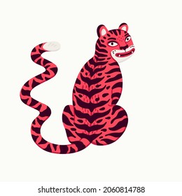 Tiger vector illustration, cartoon pink tiger sitting on white background. Organic flat style vector illustration