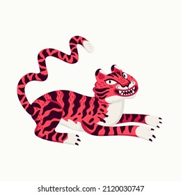 Tiger vector illustration, cartoon pink tiger - the symbol of Chinese new year. Organic flat style vector illustration on white background.