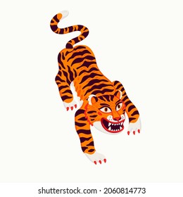 Tiger vector illustration, cartoon tiger prowling on white background. Organic flat style vector illustration
