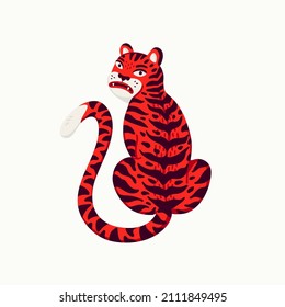 Tiger vector illustration, cartoon red tiger - the symbol of Chinese new year. Organic flat style vector illustration on white background.