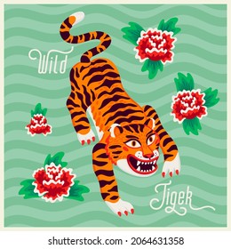 Tiger vector illustration, cartoon tiger sneaking on green wavy background with flowers in asian style. Organic flat style vector illustration.