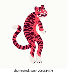 Tiger vector illustration, funny cartoon pink tiger from the back. Organic flat style vector illustration on white background.