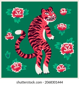 Tiger vector illustration, funny cartoon pink tiger on the green background with flowers in asian style. Organic flat style vector illustration