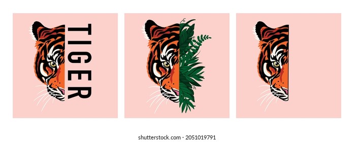 Tiger vector illustration. Tiger, inscriptions and tropical leaves. Fashionable vector illustration set. Chinese tiger for printing on postcards, T-shirts. Sticker in the form of a tiger. tattoo.