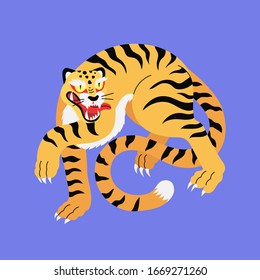 Tiger vector illustration in medieval ancient asian style. Stylized tiger demon print for t-shirt design and other decorations isolated on a blue background. Tropic exotic wild cat with stripes. 