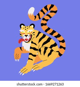 Tiger vector illustration in medieval ancient asian style. Stylized tiger demon print for t-shirt design and other decorations isolated on a blue background. Tropic exotic wild cat with stripes. 