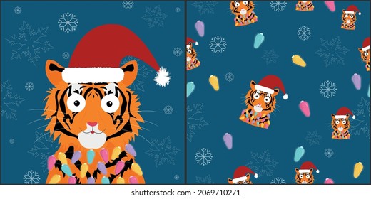 tiger vector illustration , pattern , merry christmas , happy new year card , set 