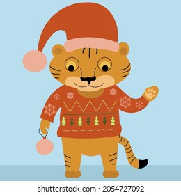 TIGER vector illustration. simbol 2022 year . blue background . christmas card .a predatory striped cat holds a ball . festive hat , elegant jacket with Christmas trees . design for printing 