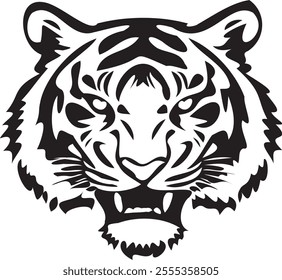 Tiger vector image features a majestic Tiger in a bold, stylized design. The Tiger’s mane is represented with smooth, flowing lines that radiate from its head, creating a sense of power and grace. 