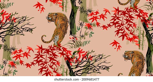 tiger vector japanese chinese nature ink illustration engraved sketch traditional textured seamless pattern colorful