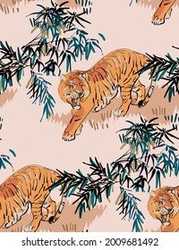 tiger vector japanese chinese nature ink illustration engraved sketch traditional textured seamless pattern colorful