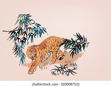 tiger vector japanese chinese nature ink illustration engraved sketch traditional textured seamless pattern colorful