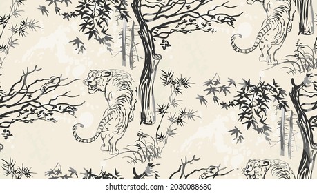 tiger vector japanese chinese nature ink illustration engraved sketch traditional textured seamless