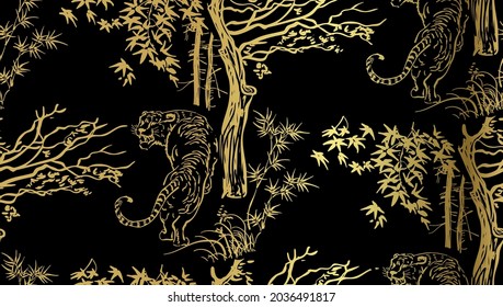 tiger vector japanese chinese nature ink illustration engraved sketch traditional textured seamless pattern black