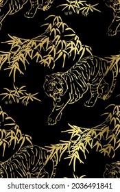 tiger vector japanese chinese nature ink illustration engraved sketch traditional textured seamless pattern black