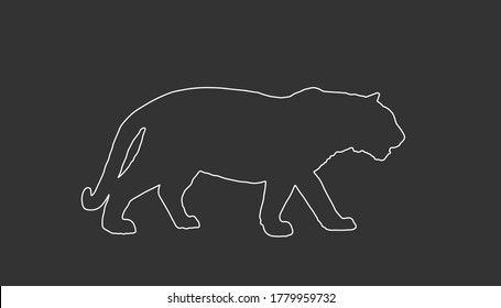 Tiger vector line contour silhouette illustration isolated on black background. Big wild cat. Siberian tiger shape or Bengal tiger shadow. Silent predator. Strong animal symbol.