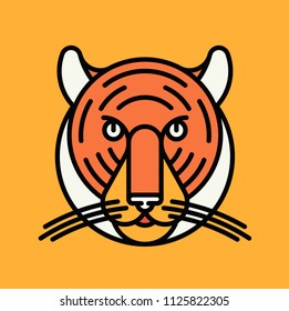 Tiger. Vector outline illustration. Flat icon. Face on yellow background.