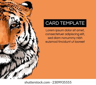 Tiger vector portrait illustration template. Wild cat head detailed drawing. Majestic predator bengal art with copy space.