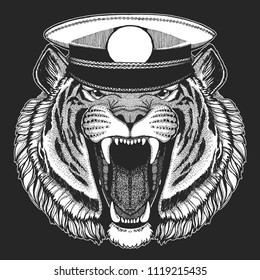 Tiger. Vector print for children. Capitan, pirate animal. Brave sailor. Design for kindergarten, school kids clothing, t-shirts.