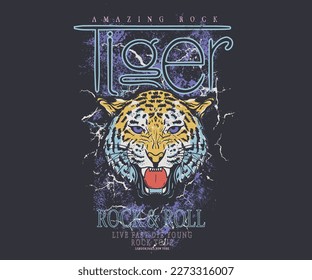 Tiger vector print design for t shirt and others. Animal graphic print design for apparel, stickers, posters, background . Wild life artwork. Rock and roll. Rock star. 