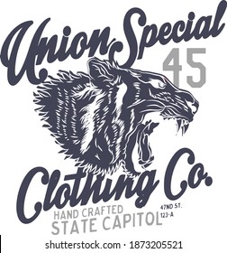 Tiger vector print. T-shirt graphic.Tiger head print design. College print tee clothing. 